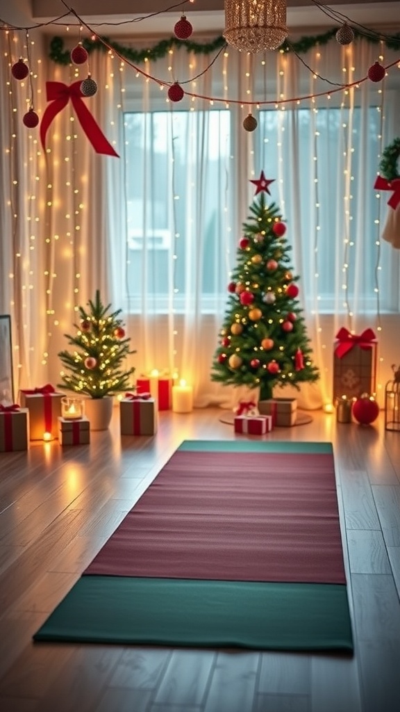 A cozy yoga setup with Christmas decorations, including lights and ornaments, creating a festive atmosphere.